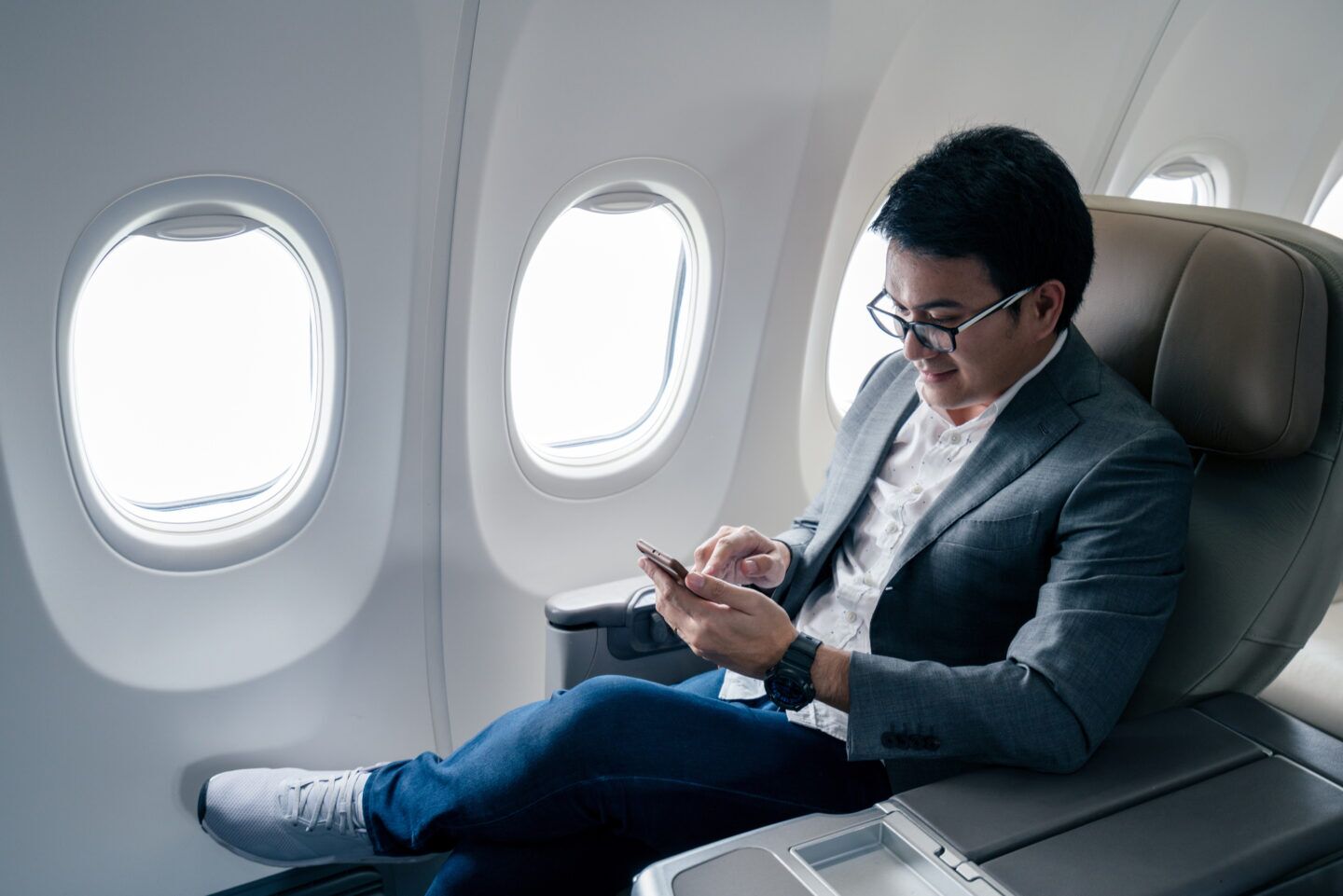 Man on a business class flight